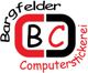 Logo mit den Worten "Bargfelder Computerstickerei" und den Buchstaben "BC" in Rot und Schwarz.