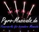 Feuerwerk am Nachthimmel mit Text "Pyro-Musicals.de: Feuerwerke für besondere Momente".