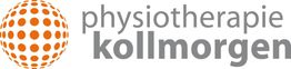 Logo mit Aufschrift "physiotherapie kollmorgen" und einem orange-weißen gepunkteten Globus.