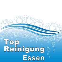 Blasen und Wellen mit der Aufschrift "Top Reinigung Essen" in blau und weiß.