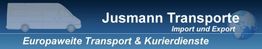 Banner mit "Jusmann Transporte", Lieferwagen-Symbol, Weltkugel und Text zu Transportdiensten in Europa.