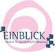 Logo von "EINBLICK" mit pinker Spirale und schwarzem Text.