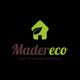 Logotipo de MaderEco con una casa verde y texto: "CASAS DE MADERA ECOLÓGICAS". Fondo negro.