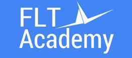 "FLT Academy logo with stylized plane graphic on a blue background."