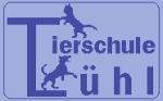 Logo mit Katzen und Hund sowie dem Schriftzug "Tierschule Tühl" in Blau auf lila Hintergrund.