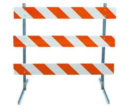 Traffic barricade with orange and white diagonal stripes on three horizontal panels.