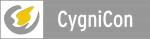 Logo mit grauem Hintergrund, gelbes Element und Text "CygniCon" in Weiß.