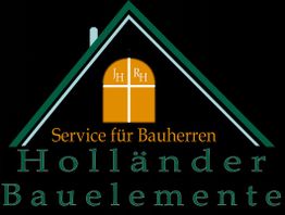 Logo von Holländer Bauelemente mit Hausdach und Fenster, Text: "Service für Bauherren".