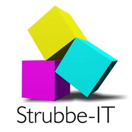 Drei bunte Würfel übereinander gestapelt, darunter der Text "Strubbe-IT".