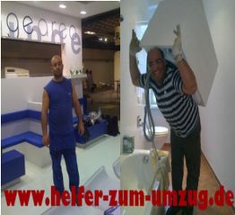 Ein Mann in Arbeitskleidung und ein Mann mit Waschbecken. Text: www.helfer-zum-umzug.de