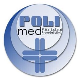 Logo Polimed con cerchi blu sovrapposti e croce medica stilizzata al centro.