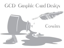 Texto decorativo "GCD Graphic Card Design Convites" com tinta e pena ao fundo.