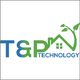 Logo van T&P Technology met huis en bladeren in groene en blauwe kleuren.