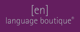 Lila Hintergrund mit grauem Text: "[en] language boutique®".