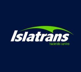 Logo de Islatrans en fondo azul, texto verde "haciendo camino".