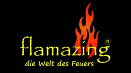 Logo mit dem Text "flamazing - die Welt des Feuers" und einer Flamme auf schwarzem Hintergrund.