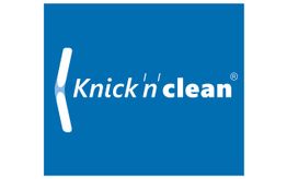 Blaues Logo mit weißem Text "Knick 'n' clean" und geschwungener Linie links.