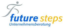 Logo von "Future Steps Unternehmensberatung" mit laufender Figur im Hintergrund.