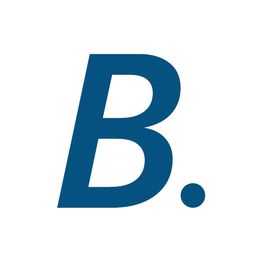 Blauer Buchstabe "B." auf weißem Hintergrund.