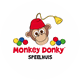 Logo met aapje en tekst "Monkey Donky Speelhuis" met kleurrijke stippen rondom.