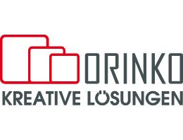 Logo mit roten Quadraten und Text: "DRINKO KREATIVE LÖSUNGEN".