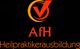 Logo mit Text "AfH Heilpraktikerausbildung", schwarzer Hintergrund, rote und orange Schrift.
