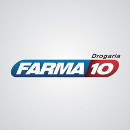 Logo da drogaria Farma 10 com fundo cinza claro.