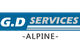 Blue logo with white text "G.D SERVICES" and three blue and white stripes below.