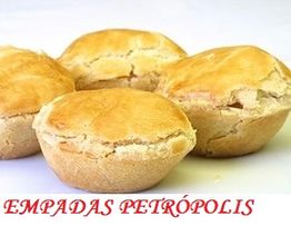 Quatro empadas douradas em um fundo branco, com texto "Empadas Petrópolis" em vermelho.