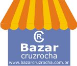 Logotipo do Bazar Cruzrocha com uma fachada de listras amarelas e laranjas.