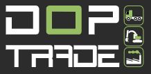 Logo DOP Trade con icone: camion, escavatore e fabbrica stilizzati in verde.