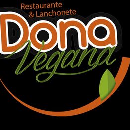 Logotipo "Dona Vegana" com texto em laranja e verde, folha estilizada, fundo preto.