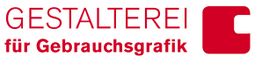 Logo mit rotem Text "GESTALTEREI für Gebrauchsgraphik" und einem rechteckigen Symbol.