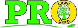 Pro Lawn Care logo with green letters and a tree inside the letter "O".