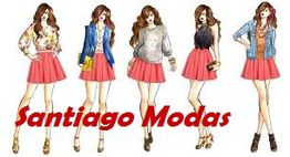 Desenho de cinco modelos femininas com saias vermelhas e estilos variados. Texto: "Santiago Modas".
