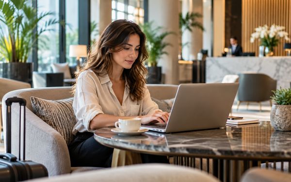 Eine Frau arbeitet während einer Workation mit ihrem Laptop in einer modernen Hotellobby, vor ihr steht eine Tasse Kaffee.