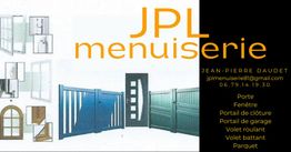Image d'une publicité pour JPL menuiserie avec des images de portes et de clôtures.