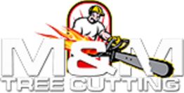 Logo of M&M Tree Cutting, featuring a chainsaw and a worker in a hard hat.
