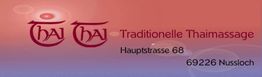 Schild mit der Aufschrift: "Thai Thai - Traditionelle Thaimassage, Hauptstrasse 68, 69226 Nussloch".
