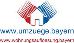 Logo mit Haus, Wellenmuster in Rot und Blau und den URLs umzuege.bayern und wohnungsaufloesung.bayern.