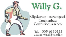Biglietto da visita di "Willy G.", cartongesso e costruzioni a secco, telefono ed email inclusi.