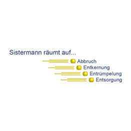 Textlogo mit "Sistermann räumt auf" und gelben Symbolen für Abbruch, Entkernung, Entrümpelung.