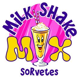 Logo colorido do "MilkShake Mix Sorvetes" com milkshake sorridente ao centro. Fundo rosa.