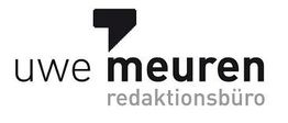 Logo mit Schriftzug "uwe meuren redaktionsbüro" und einem grafischen Symbol darüber.