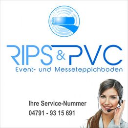 Logo "RIPS & PVC" und Frau mit Headset. Text: "Ihre Service-Nummer: 04791 - 93 15 691".