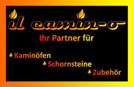 "Schwarzes Logo mit Flammen: 'Il camin-o', Ihr Partner für Kaminöfen, Schornsteine, Zubehör."