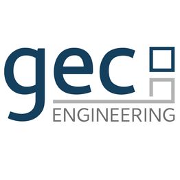 Gec Engineering-Logo mit Schriftzug in Blau und Grau, einem Quadrat und einem Rechteck.
