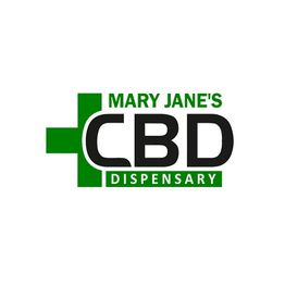 Logo of Mary Jane's CBD Dispensary with a green cross and text in green and black.
