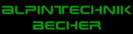 Grüner Text "Alpintechnik Becher" auf schwarzem Hintergrund.