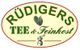 Ovales Logo mit der Aufschrift "Rüdigers Tee & Feinkost", zwei Teeblätter und einem Mörser.